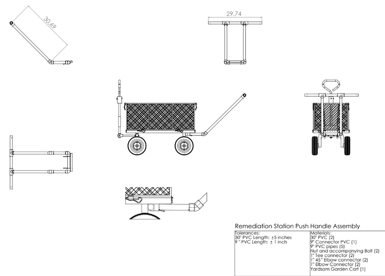 SolidWorks technical drawing of yard wagon PVC handle and frame additions.