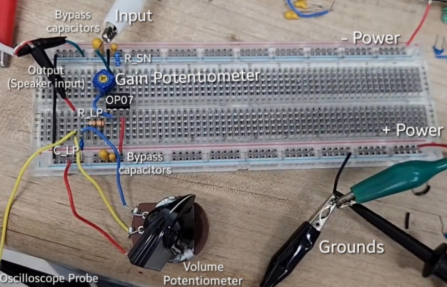 Annotated photo of completed guitar amplifier circuit, built on a breadboard.