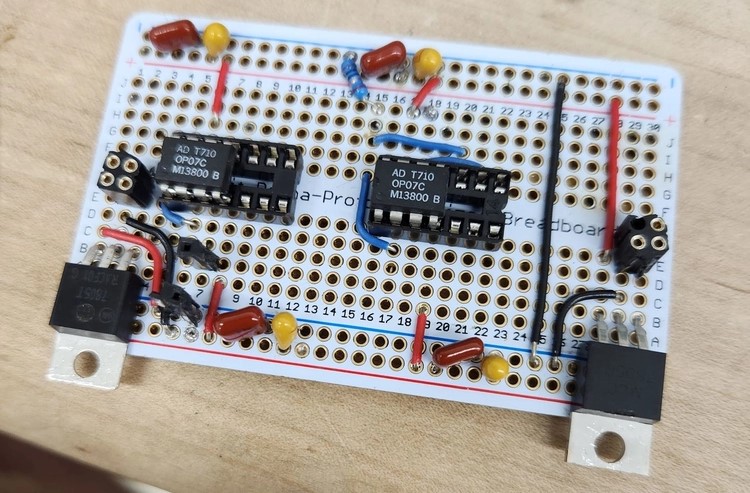 Photo of modified guitar amplifier circuit, soldered onto a protoboard.