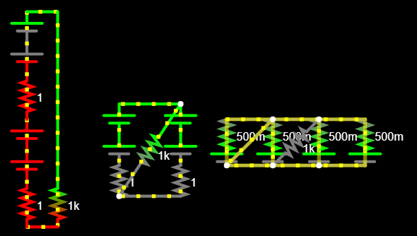 Screenshot of testing different resistor arrangements in Falstad.