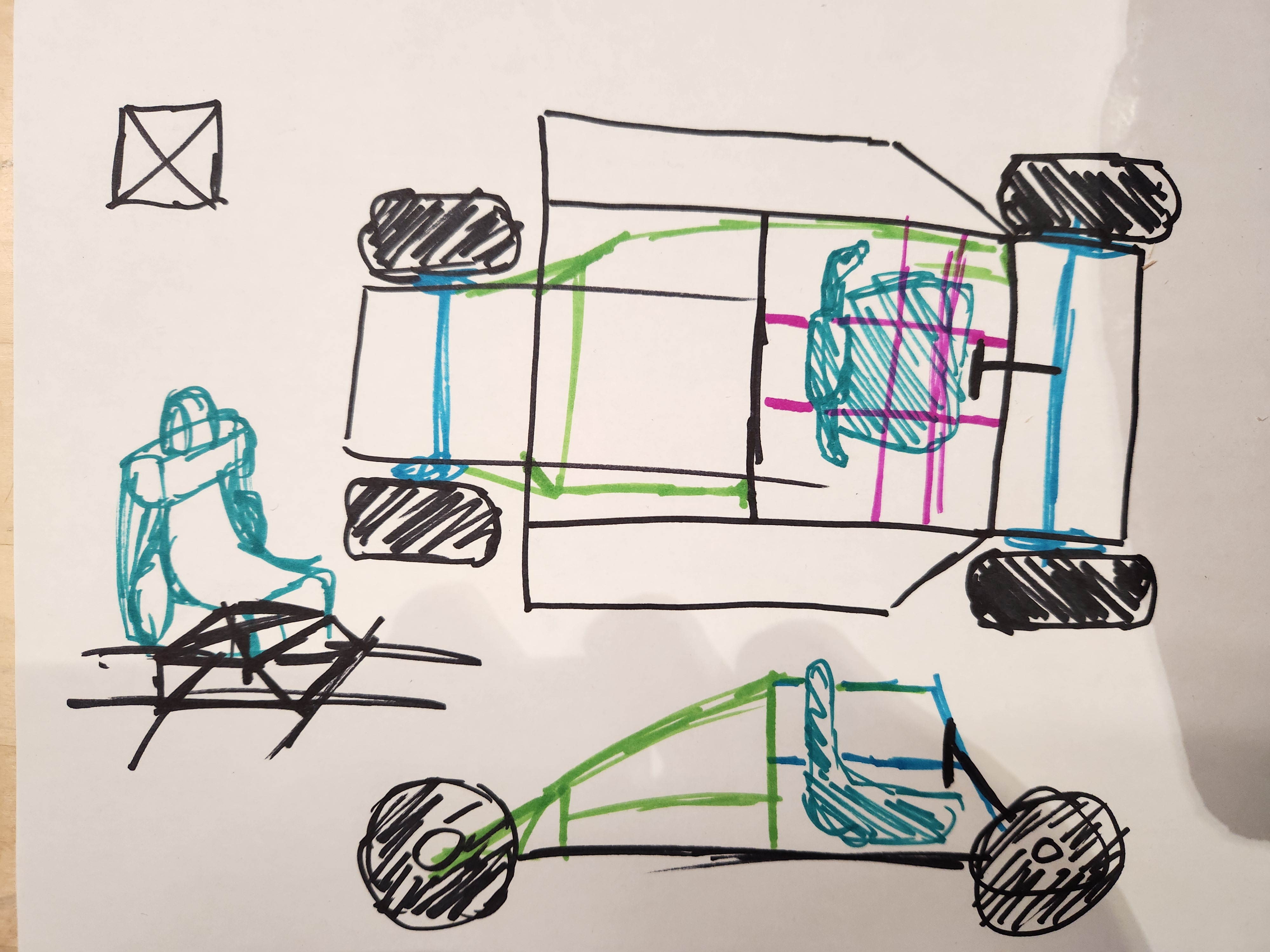 Color-coded sketch of go-kart frame by Lily.