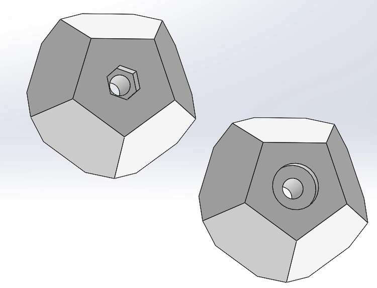 SolidWorks assembly of two dodecahedron marker halves, designed by Jordan.