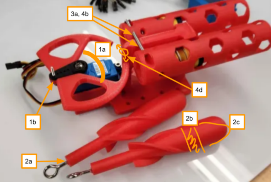 Annotated photo of 3D-printed torpedo launcher prototype.