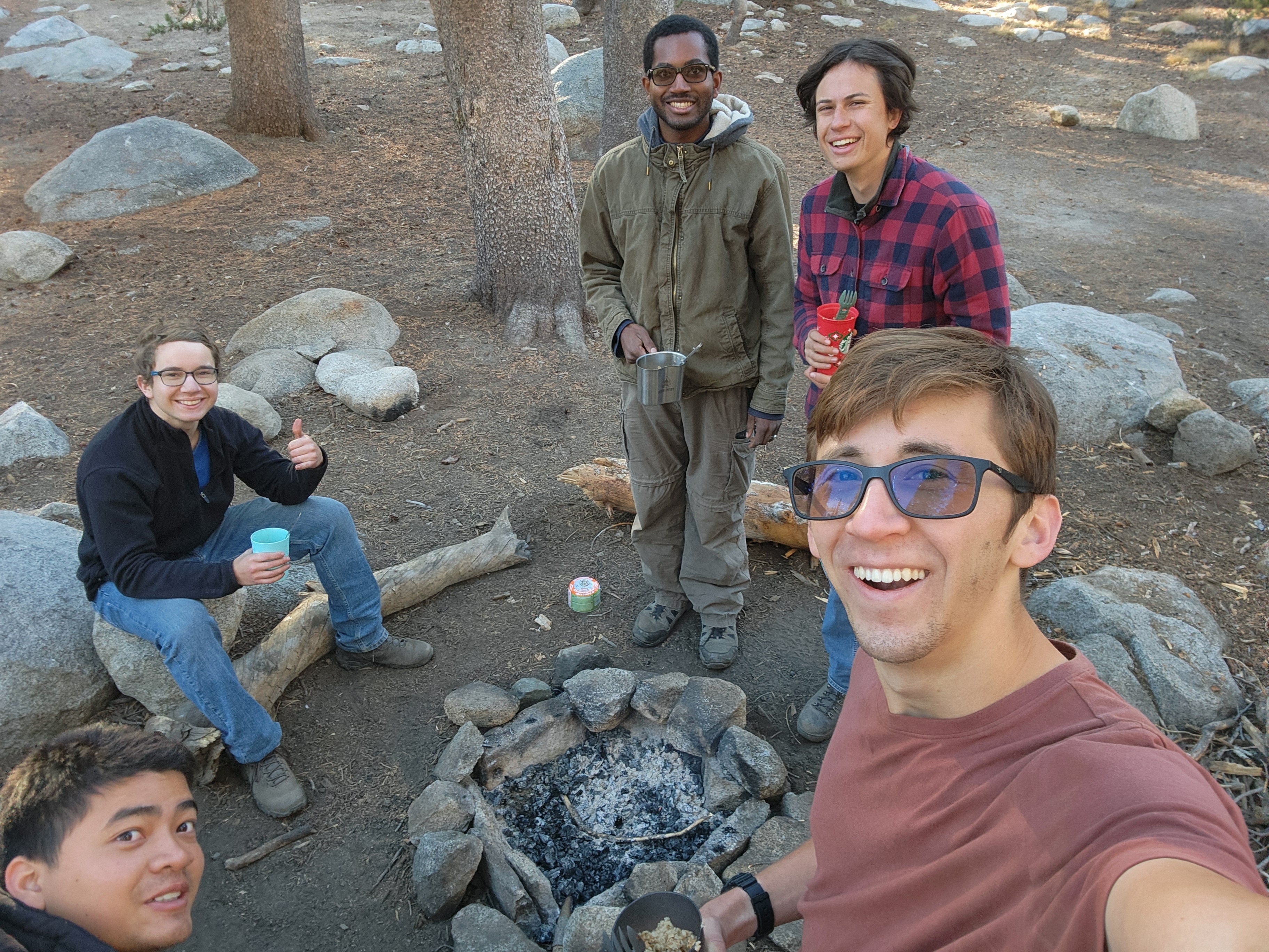 Photo of Jacob and closest Mudd friends enjoying oatmeal breakfast at Sequoia National Park.