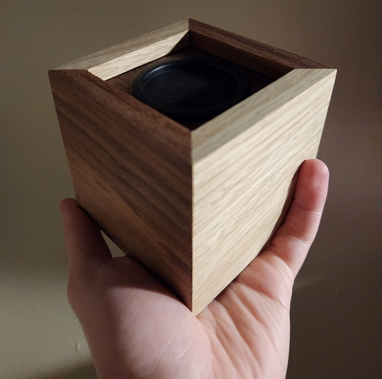 Photo of custom wood casing for Rockler Bluetooth speaker.